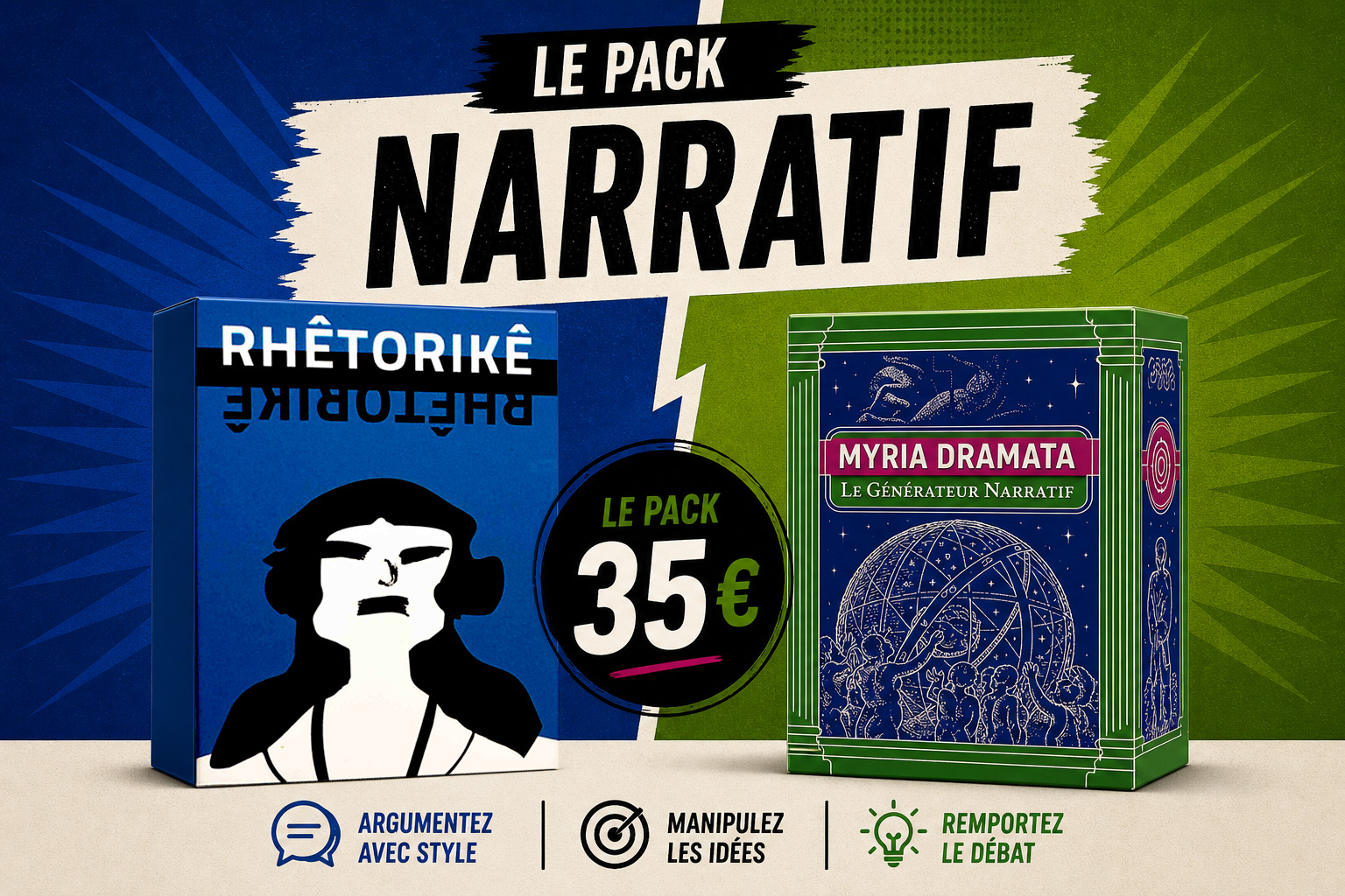 Pack narratif avec Rhêtorikê et Myria Dramata, deux jeux créatifs pour débattre et raconter des histoires